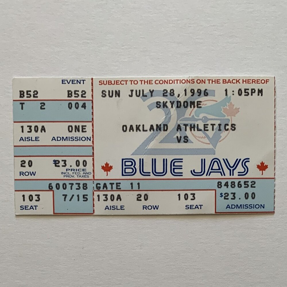 Toronto Blue Jays vs Oakland Athletics @ Skydome 1996 Vintage MLB Ticket Stub